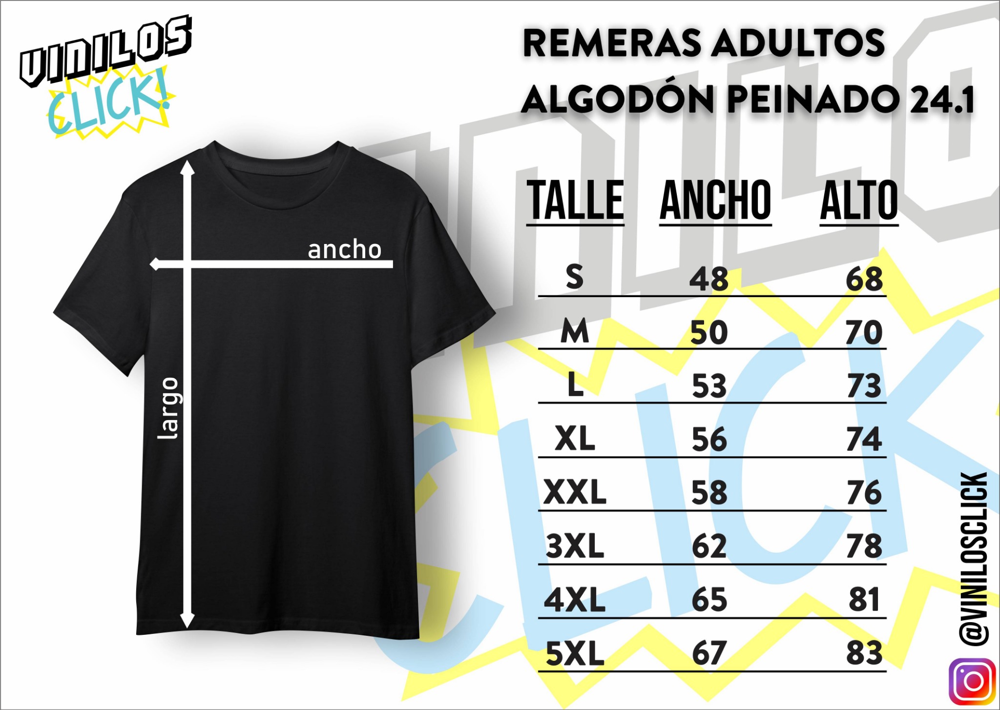 Tabla de talles de remeras para adultos: medidas de ancho y alto desde S hasta 5XL